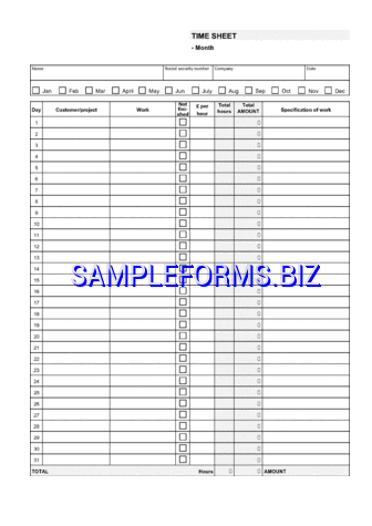 Monthly Timesheet Template docx pdf free